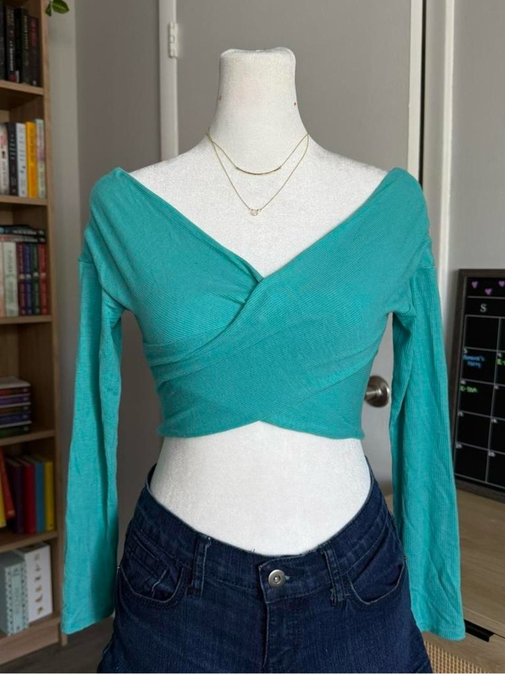 teal blue off shoulder wrap top